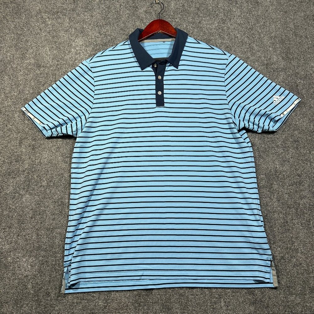 Adidas Polo Shirt Mens Large Heat Dry Blue Stripe Reflective Short Sleeve Golf